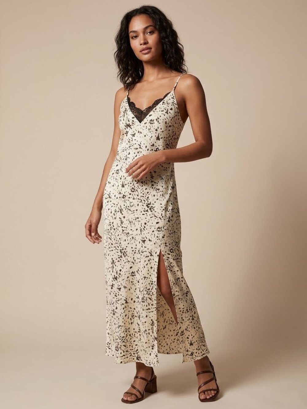 A New Day Spotted Animal Print Slip Dress Lace Trim Midi Slit